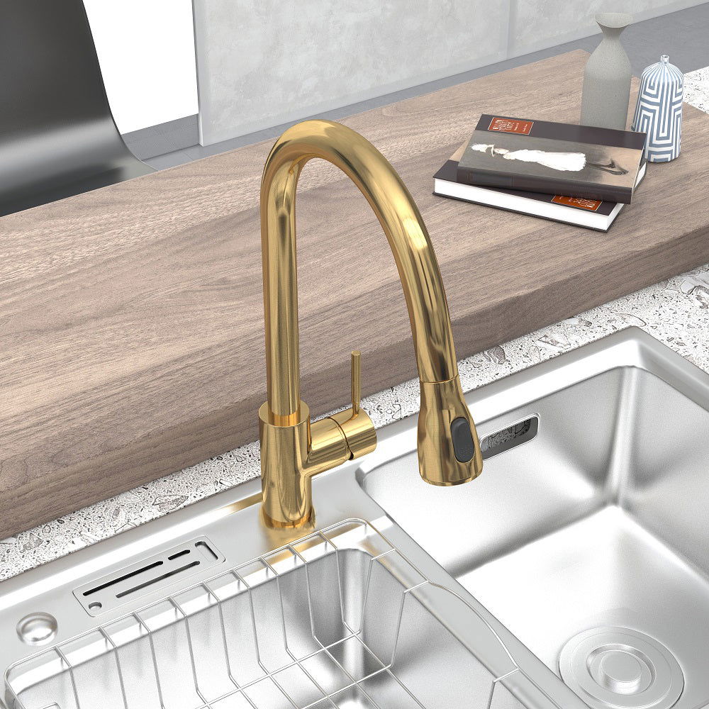 Pull Out Kitchen Tap Brushed Gold with Dual Function Sprayer - 