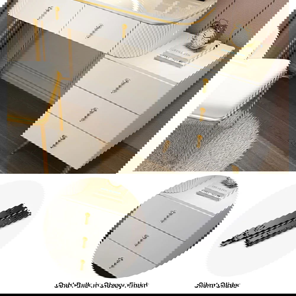 Pursorr Modern White Oval Extendable Makeup Vanity with 5-Drawer Side Cabinet Included - 