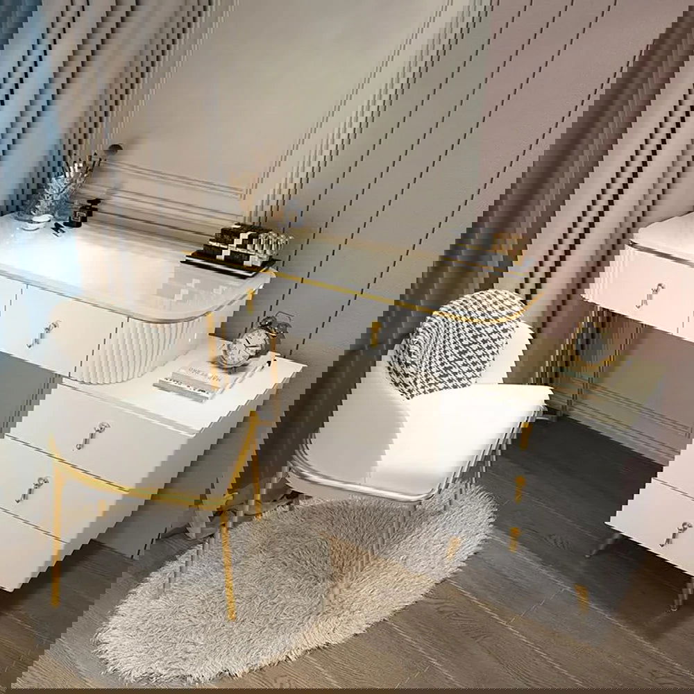 Pursorr Modern White Oval Extendable Makeup Vanity with 5-Drawer Side Cabinet Included - Homary