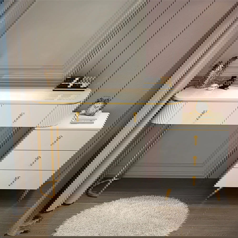 Pursorr Modern White Oval Extendable Makeup Vanity with 5-Drawer Side Cabinet Included - Homary