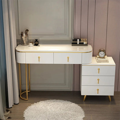 Pursorr Modern White Oval Extendable Makeup Vanity with 5-Drawer Side Cabinet Included - Homary