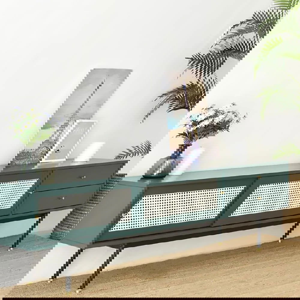 Ratta Modern Green TV Stand for 70 inch TV with 2 Drawers & 2 Doors & Rattan Decorated - Homary