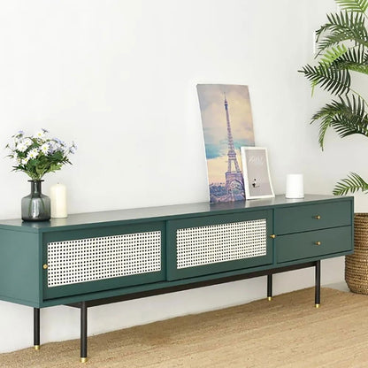 Ratta Modern Green TV Stand for 70 inch TV with 2 Drawers & 2 Doors & Rattan Decorated - Homary