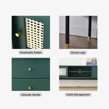 Ratta Modern Green TV Stand for 70 inch TV with 2 Drawers & 2 Doors & Rattan Decorated - Homary