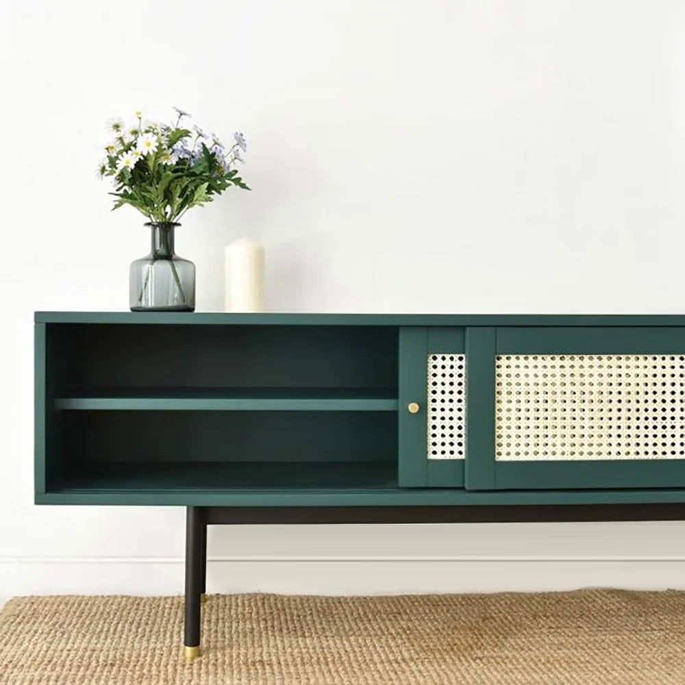 Ratta Modern Green TV Stand for 70 inch TV with 2 Drawers & 2 Doors & Rattan Decorated - Homary