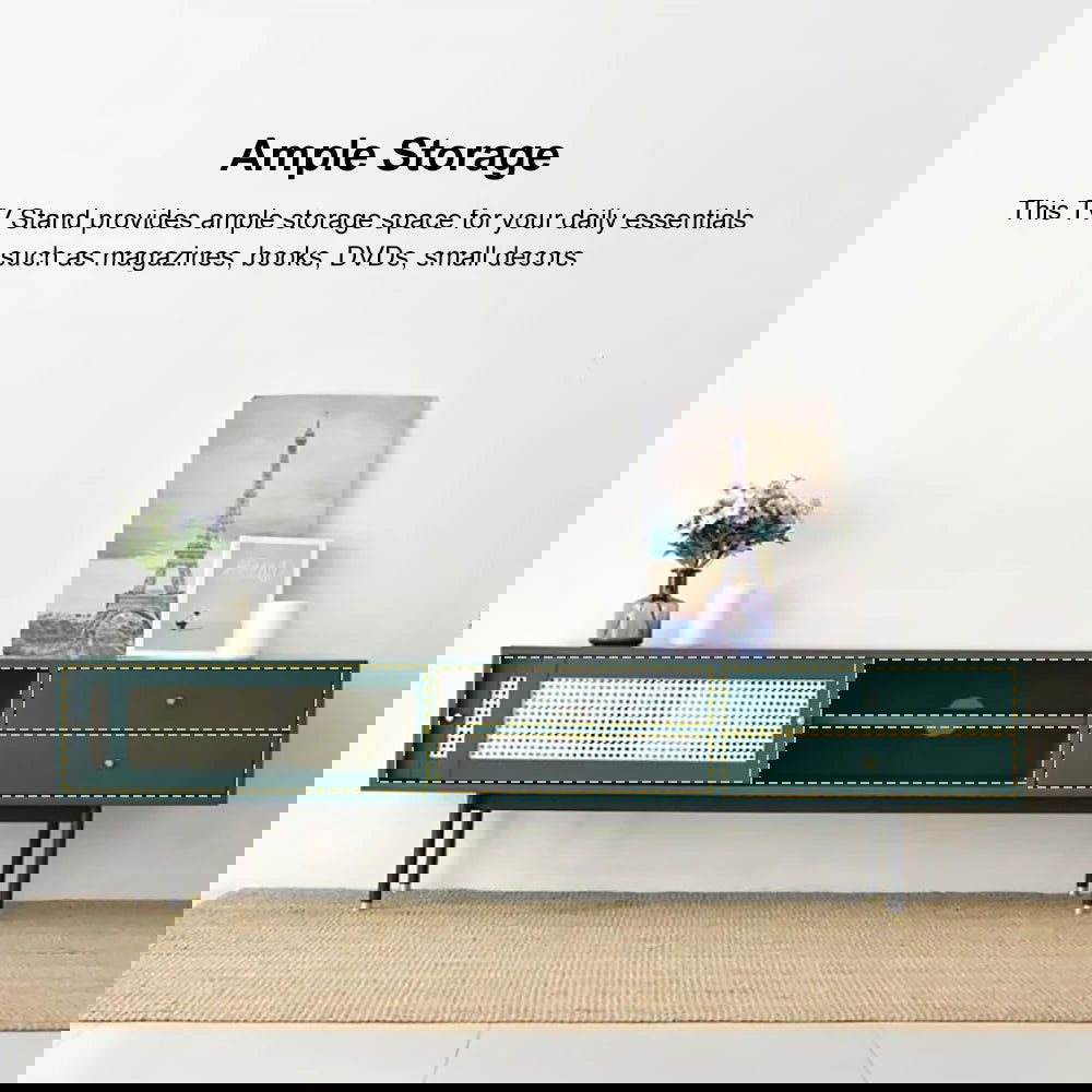 Ratta Modern Green TV Stand for 70 inch TV with 2 Drawers & 2 Doors & Rattan Decorated - Homary