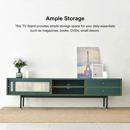 Ratta Modern Green TV Stand for 70 inch TV with 2 Drawers & 2 Doors & Rattan Decorated - Homary