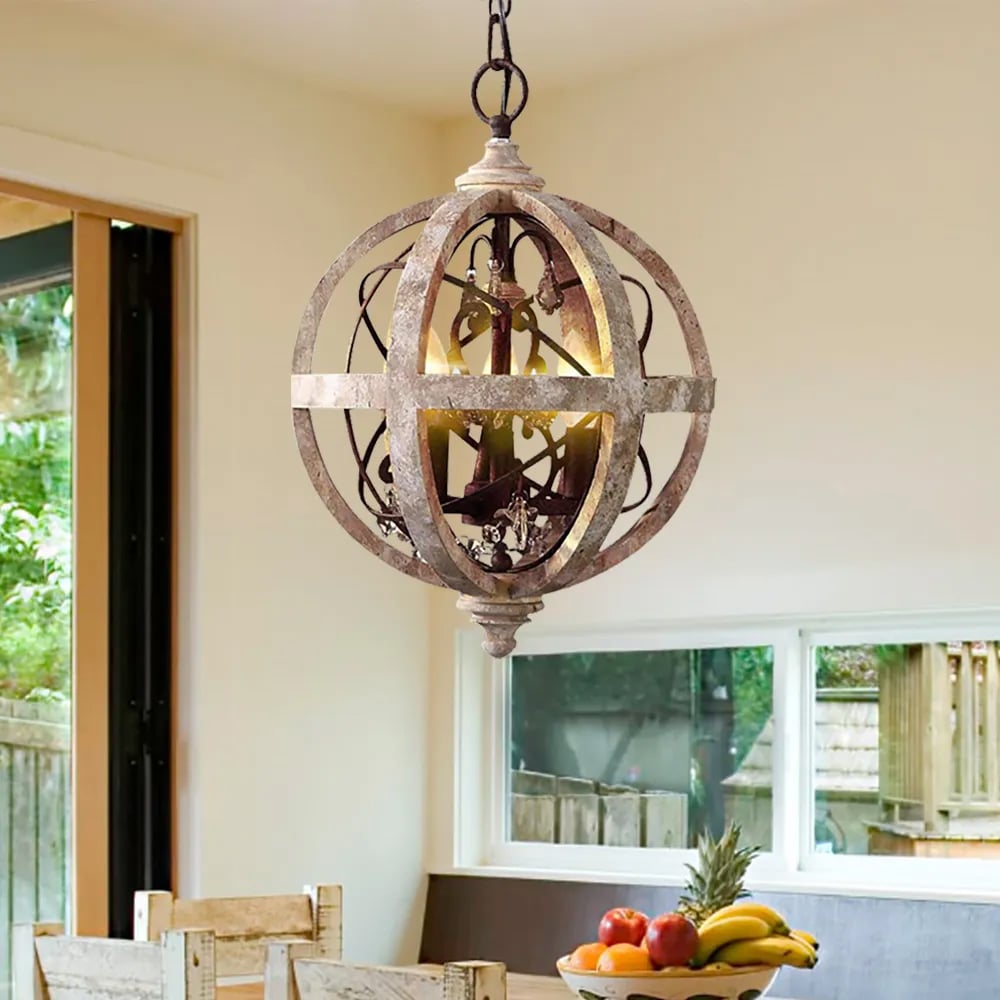 Retro Rustic Weathered Wooden Globe Metal Orb Crystal 3-Light Chandelier Small - 