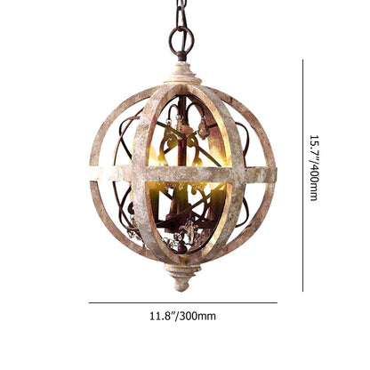 Retro Rustic Weathered Wooden Globe Metal Orb Crystal 3-Light Chandelier Small - 