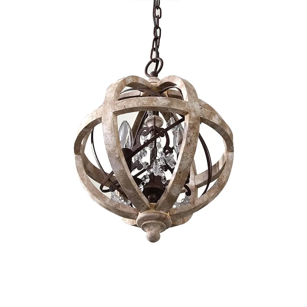 Retro Rustic Weathered Wooden Globe Metal Orb Crystal 3-Light Chandelier Small - 