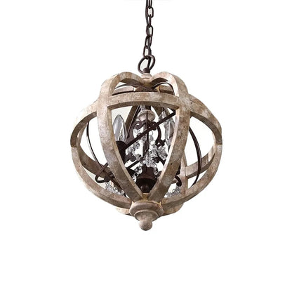 Retro Rustic Weathered Wooden Globe Metal Orb Crystal 3-Light Chandelier Small - 