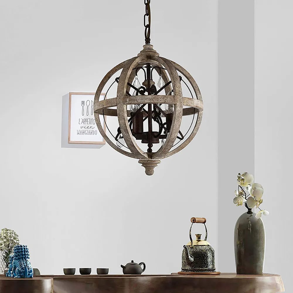 Retro Rustic Weathered Wooden Globe Metal Orb Crystal 3-Light Chandelier Small - 