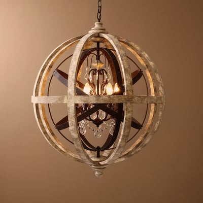 Retro Rustic Weathered Wooden Globe Metal Orb Crystal 3-Light Chandelier Small - Homary