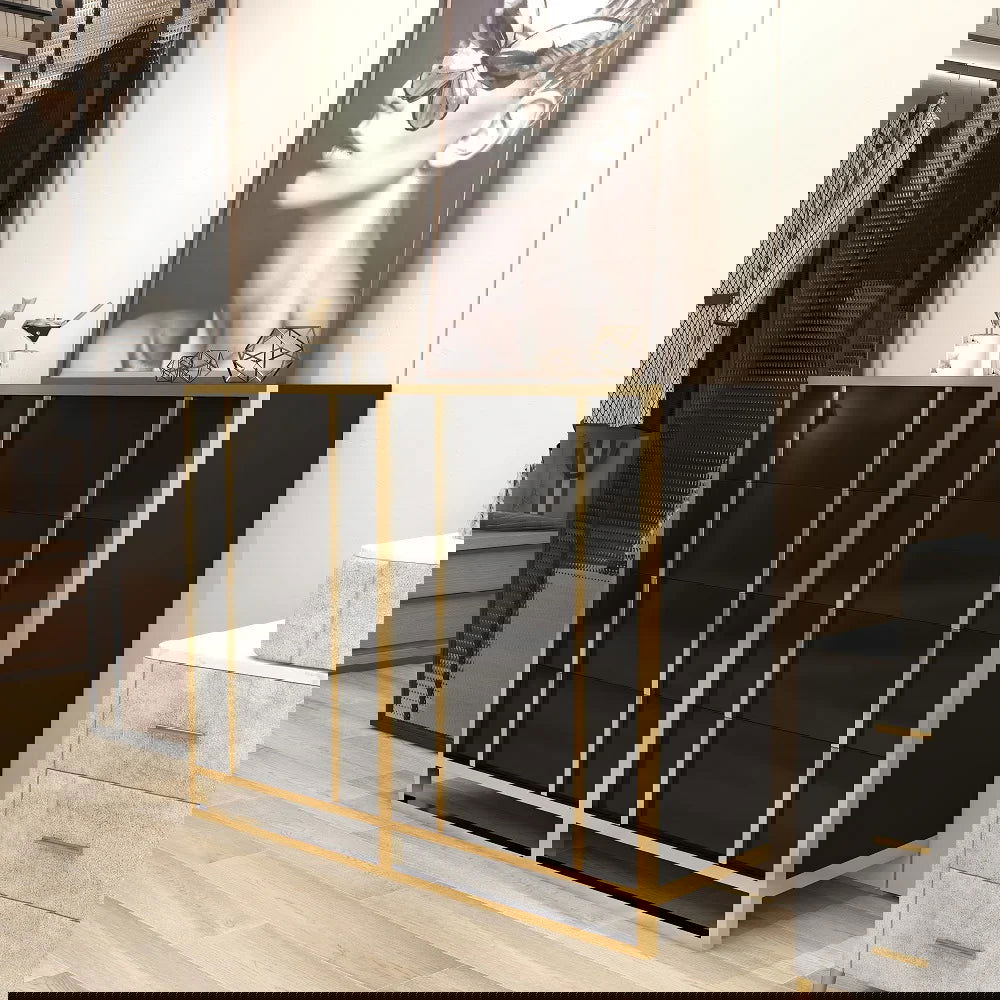 Rimh Modern Black & Gold Wooden Chest of 4 Drawers with Stainless Steel Legs - 