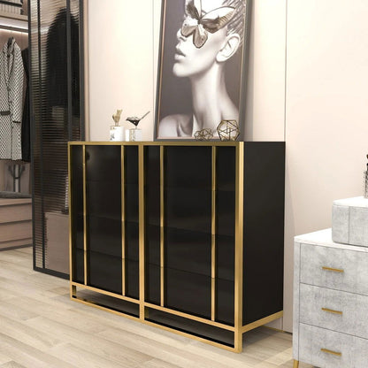 Rimh Modern Black & Gold Wooden Chest of 4 Drawers with Stainless Steel Legs - 