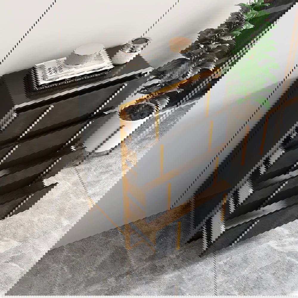 Rimh Modern Black & Gold Wooden Chest of 4 Drawers with Stainless Steel Legs - 