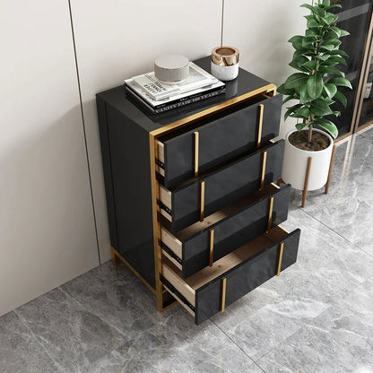 Rimh Modern Black & Gold Wooden Chest of 4 Drawers with Stainless Steel Legs - 