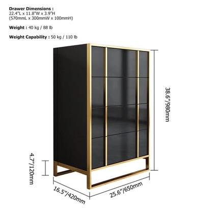 Rimh Modern Black & Gold Wooden Chest of 4 Drawers with Stainless Steel Legs - 