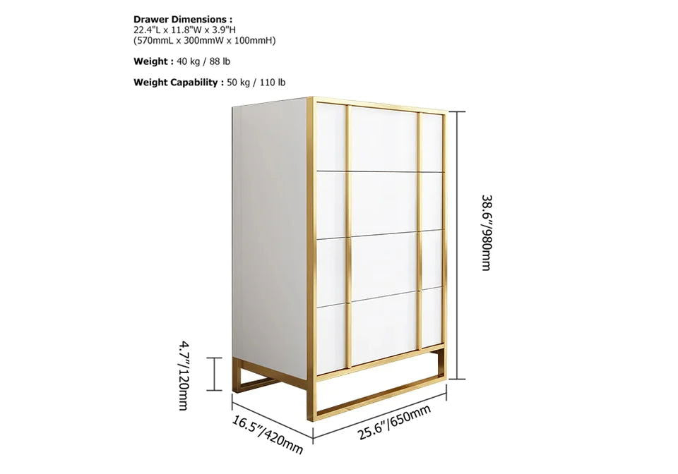 Rimh Modern White & Gold Wooden Chest of 4 Drawers with Stainless Steel Legs - 