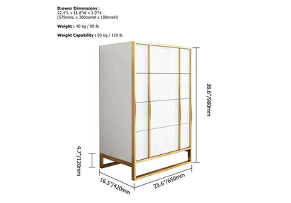 Rimh Modern White & Gold Wooden Chest of 4 Drawers with Stainless Steel Legs - 