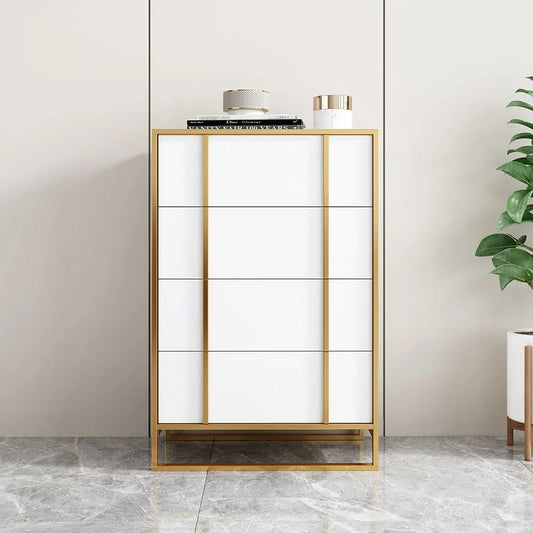 Rimh Modern White & Gold Wooden Chest of 4 Drawers with Stainless Steel Legs - Homary