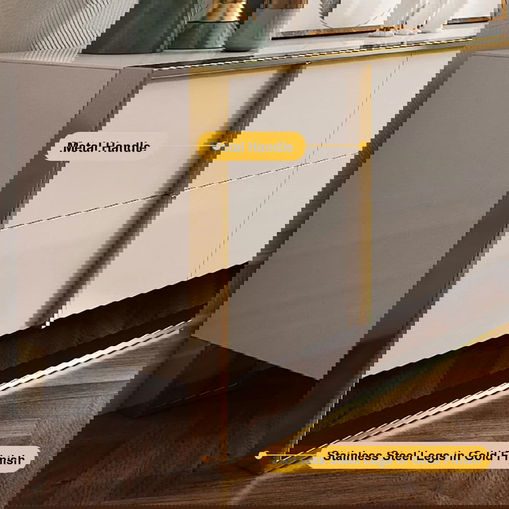 Rimh Zack White 2000mm TV Stand Modern Gold Media Console with 6-Drawer & Glass Top - 