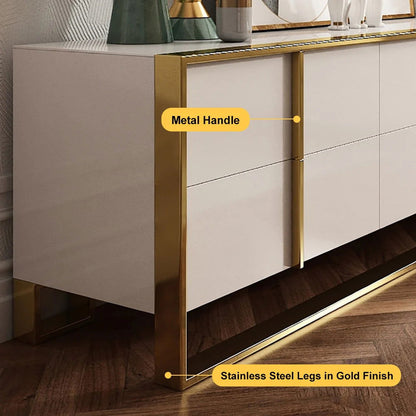 Rimh Zack White 2000mm TV Stand Modern Gold Media Console with 6-Drawer & Glass Top - 