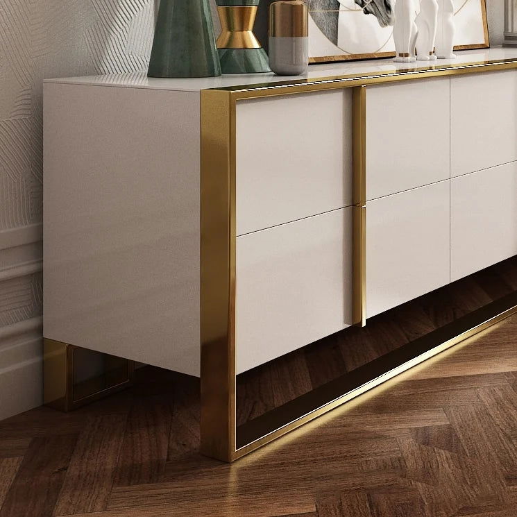 Rimh Zack White 2000mm TV Stand Modern Gold Media Console with 6-Drawer & Glass Top - 