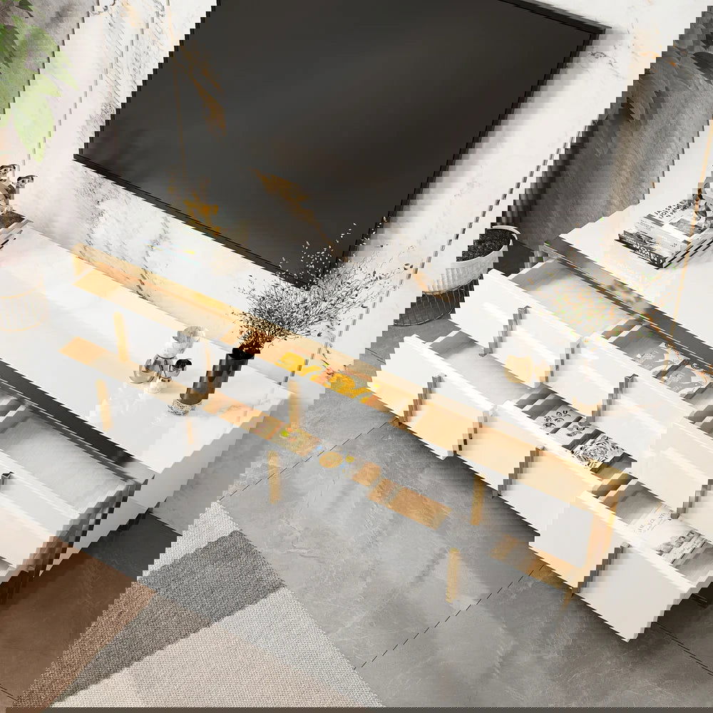 Rimh Zack White 2000mm TV Stand Modern Gold Media Console with 6-Drawer & Glass Top - 