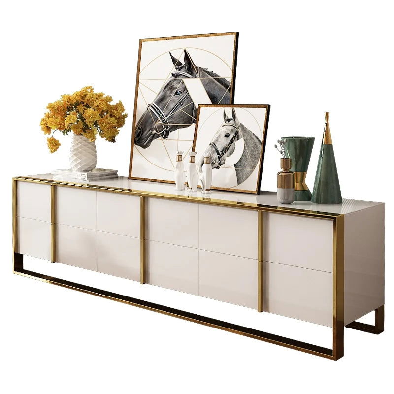 Rimh Zack White 2000mm TV Stand Modern Gold Media Console with 6-Drawer & Glass Top - 