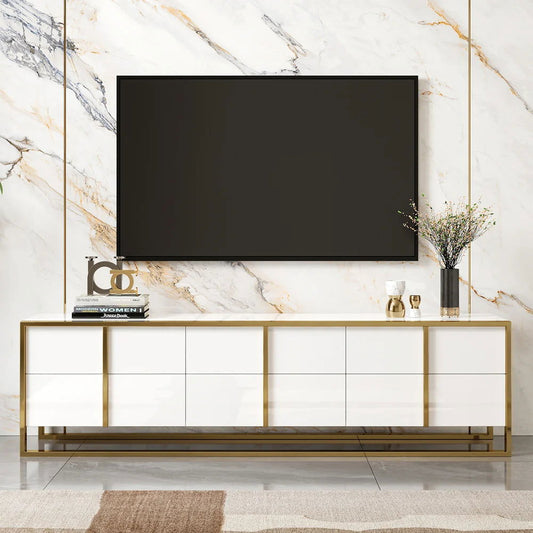 Rimh Zack White 2000mm TV Stand Modern Gold Media Console with 6-Drawer & Glass Top - Homary