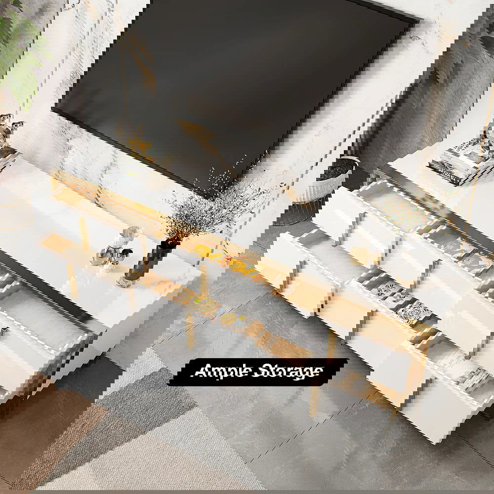 Rimh Zack White 2000mm TV Stand Modern Gold Media Console with 6-Drawer & Glass Top - Homary