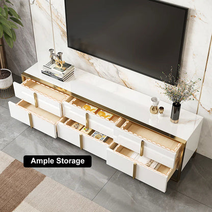 Rimh Zack White 2000mm TV Stand Modern Gold Media Console with 6-Drawer & Glass Top - Homary