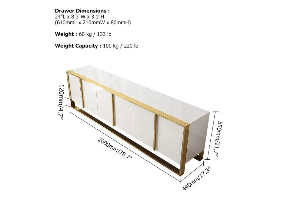 Rimh Zack White 2000mm TV Stand Modern Gold Media Console with 6-Drawer & Glass Top - Homary