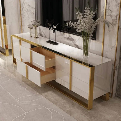 Rimh Zack White 2000mm TV Stand Modern Gold Media Console with 6-Drawer & Glass Top - Homary