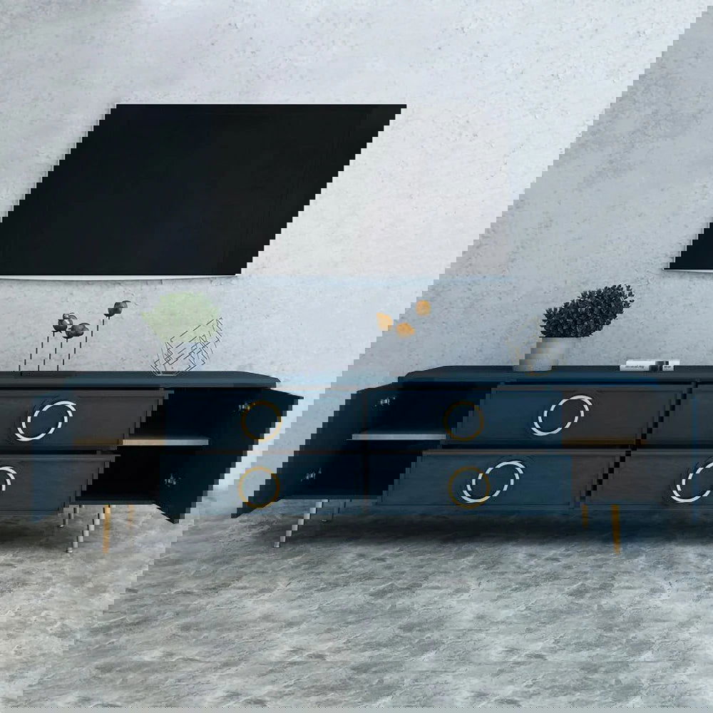 Rindix Navy Blue TV Stand with Storage Drawers for Gold Accents Mid-Century - 