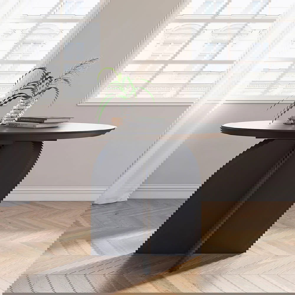 Round Dining Table Solid Wood Tabletop Pedestal Base for 4 Modern Black - 