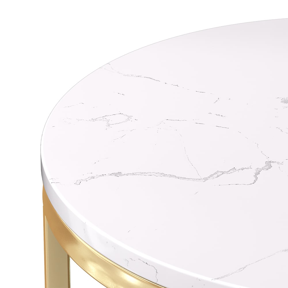 Round Marble Top End Table Modern White Side Table with Metal Frame in Gold - 