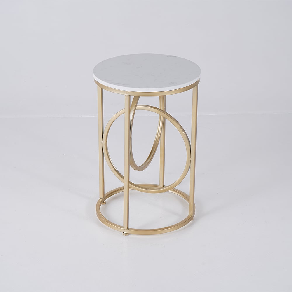 Round Marble Top End Table Modern White Side Table with Metal Frame in Gold - 
