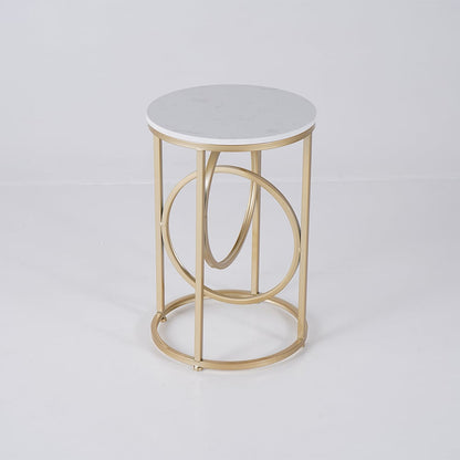 Round Marble Top End Table Modern White Side Table with Metal Frame in Gold - 