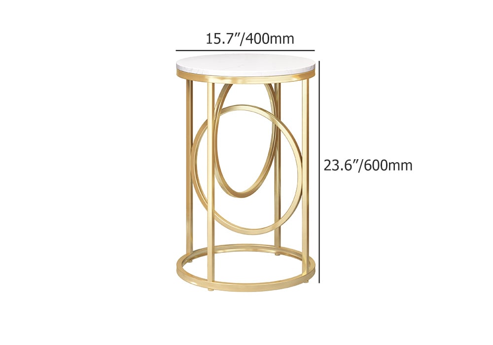 Round Marble Top End Table Modern White Side Table with Metal Frame in Gold - 