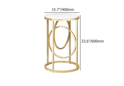 Round Marble Top End Table Modern White Side Table with Metal Frame in Gold - 