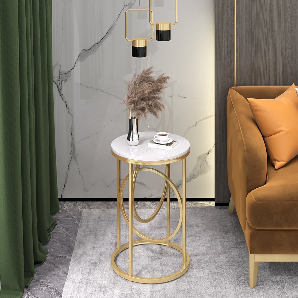 Round Marble Top End Table Modern White Side Table with Metal Frame in Gold - 