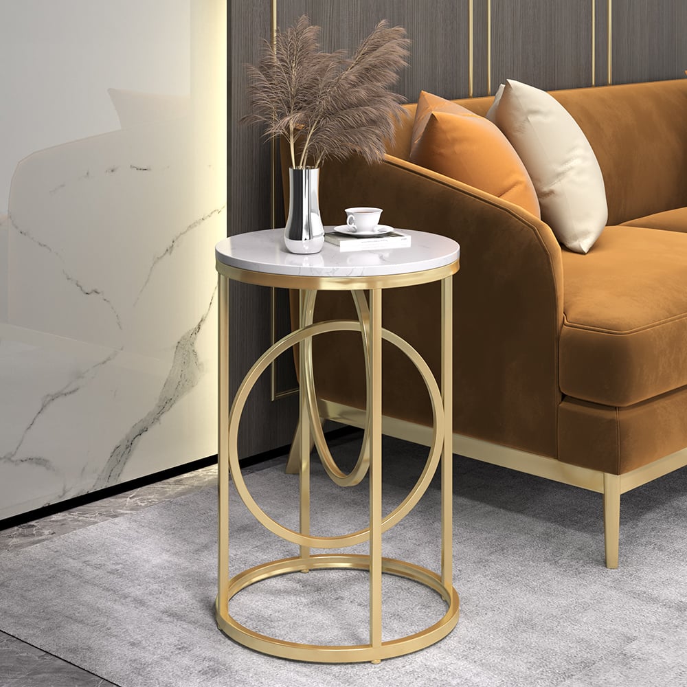 Round Marble Top End Table Modern White Side Table with Metal Frame in Gold - 