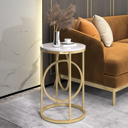 Round Marble Top End Table Modern White Side Table with Metal Frame in Gold - 