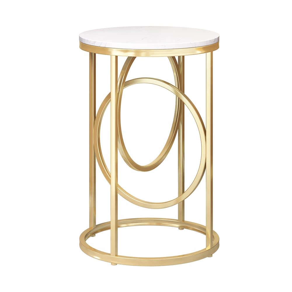 Round Marble Top End Table Modern White Side Table with Metal Frame in Gold - 