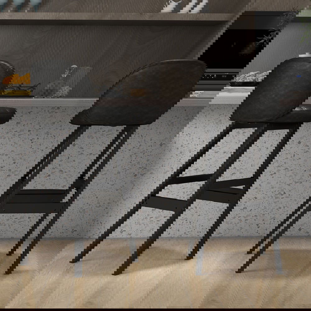 Rustic Black PU Leather Bar Height Tufted Bar Stools with Curved Back Set of 2 - 