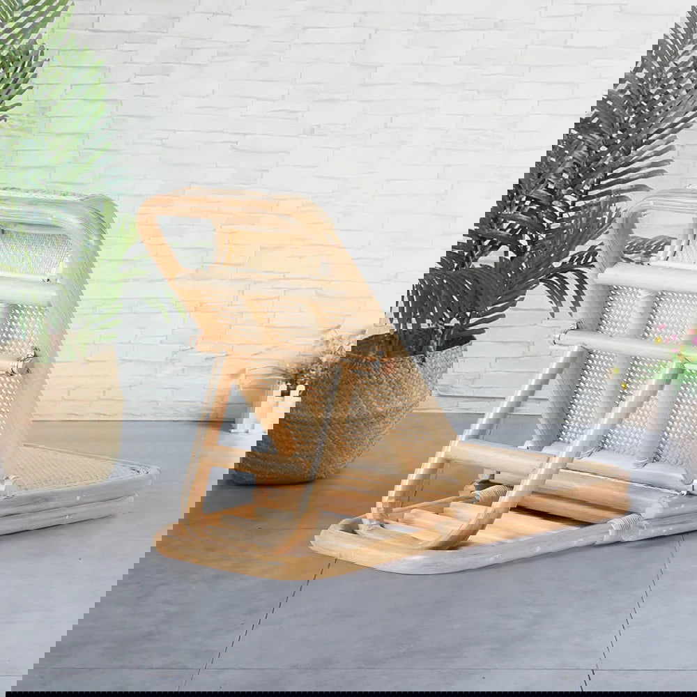 Scandinavian Rattan & Wood Outdoor Long Reclining Chaise Patio Lounge Chair in Natural - 