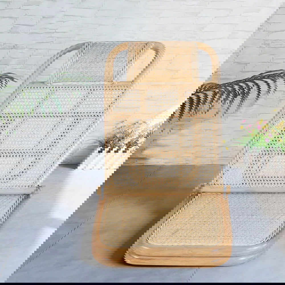 Scandinavian Rattan & Wood Outdoor Long Reclining Chaise Patio Lounge Chair in Natural - 