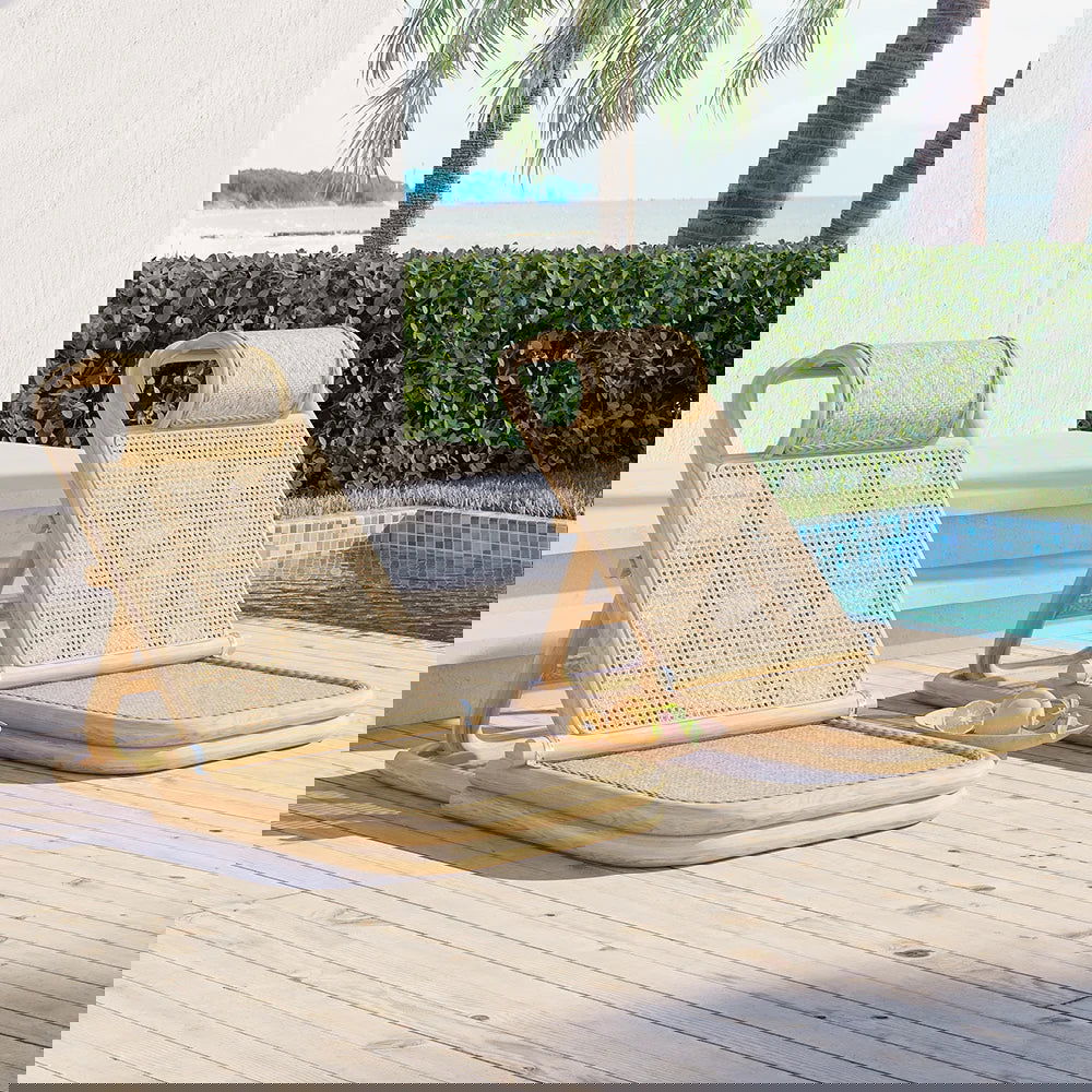 Scandinavian Rattan & Wood Outdoor Long Reclining Chaise Patio Lounge Chair in Natural - 